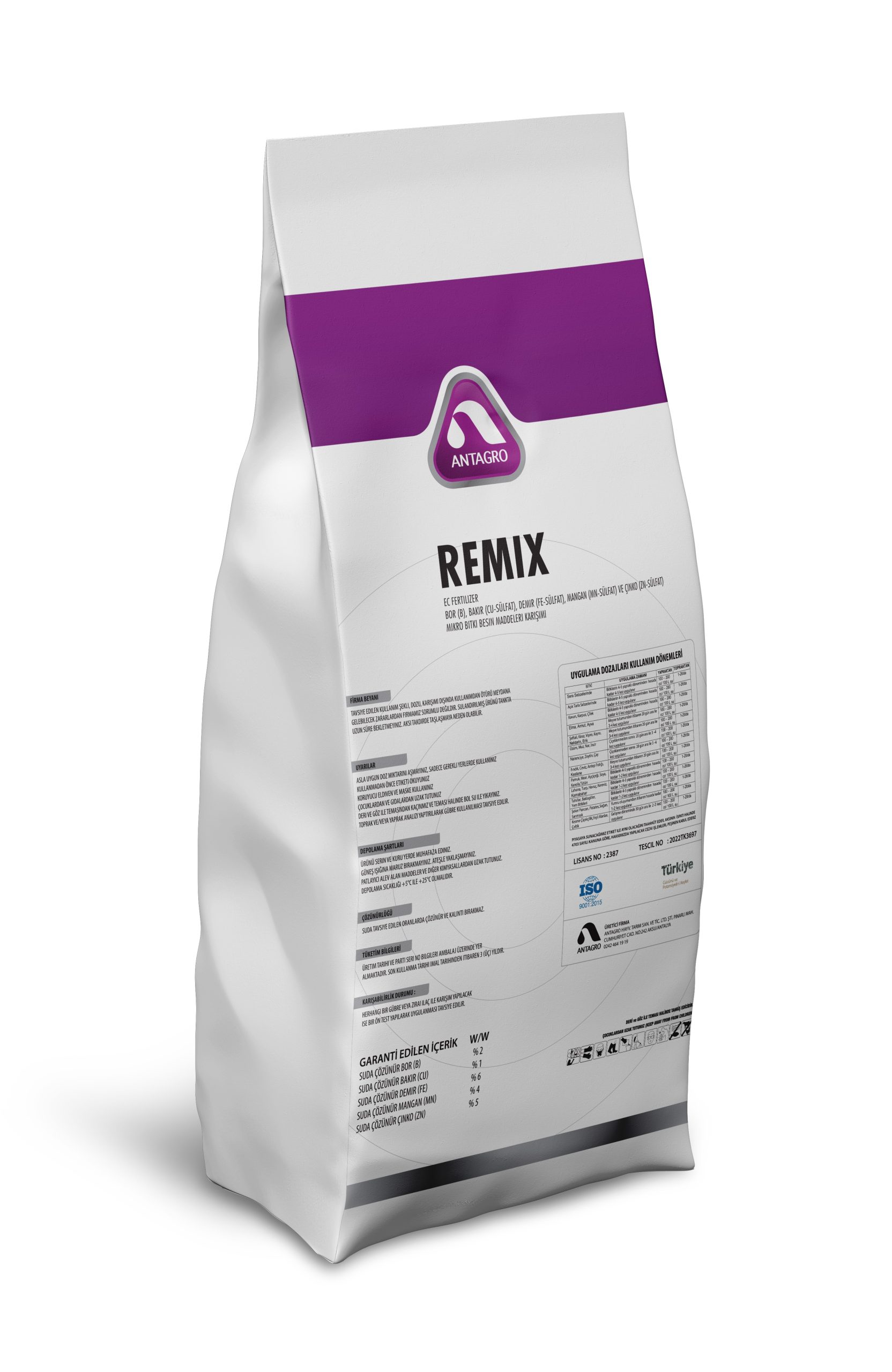 GARANTİ EDİLEN İÇERİK % W/W Suda Çözünür Bor (B) % 2 Suda Çözünür Bakır (Cu) % 1 Suda Çözünür Demir (Fe) % 6 Suda Çözünür Mangan (Mn) % 4 Suda Çözünür Çinko (Zn) % 5